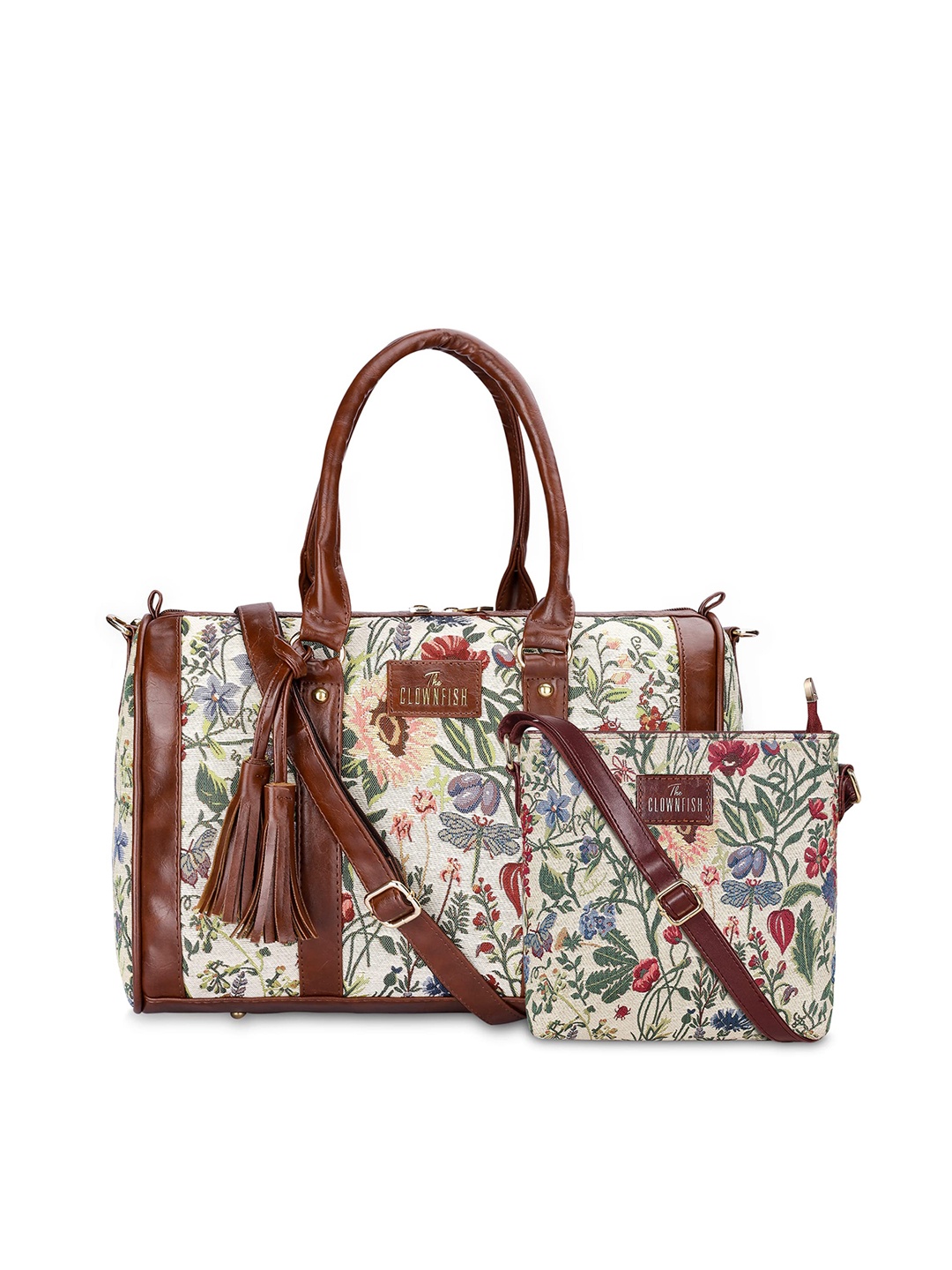 

THE CLOWNFISH Pack Of 2 Floral Printed Leather Structured Handheld Bag With Tasselled, Brown