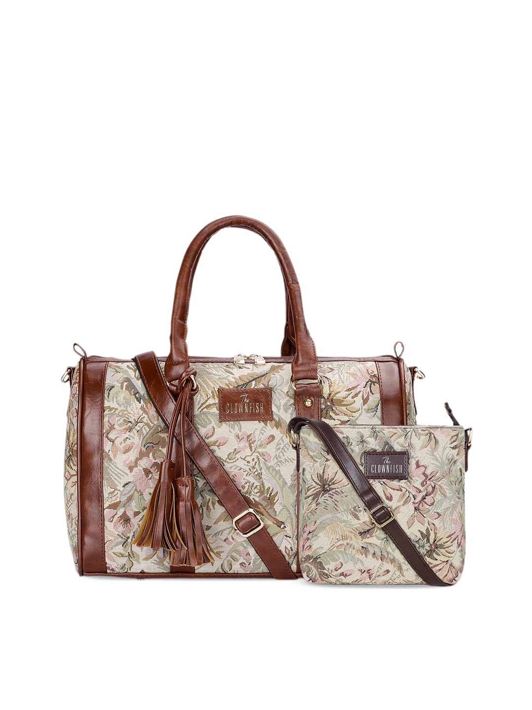 

THE CLOWNFISH Linda & Lorna Set Of 2 Floral Leather Tasselled Handheld Bag & Sling Bag, Coffee brown