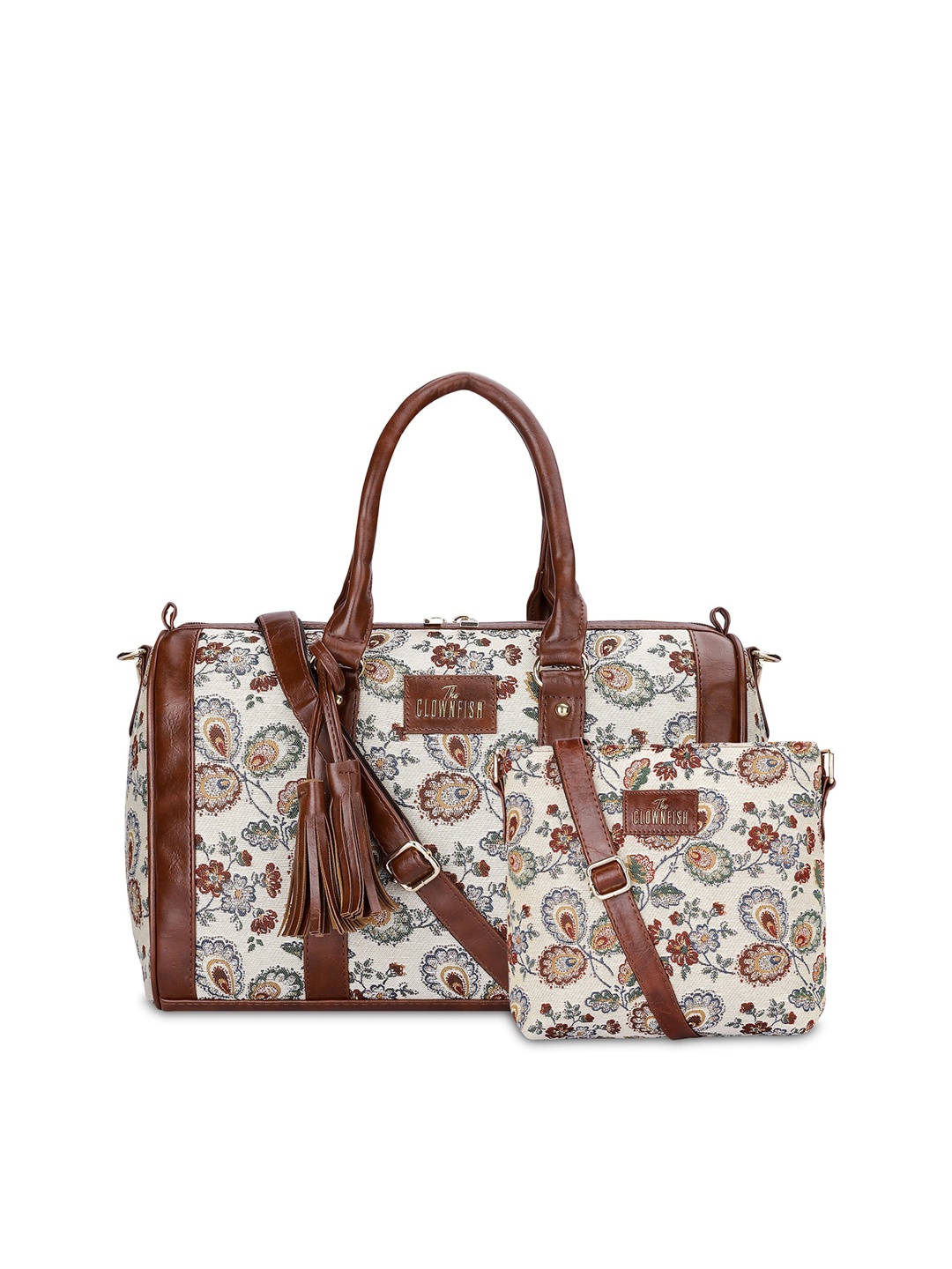 

THE CLOWNFISH Linda & Lorna Set Of 2 Floral Leather Tasselled Handheld Bag & Sling Bag, Coffee brown