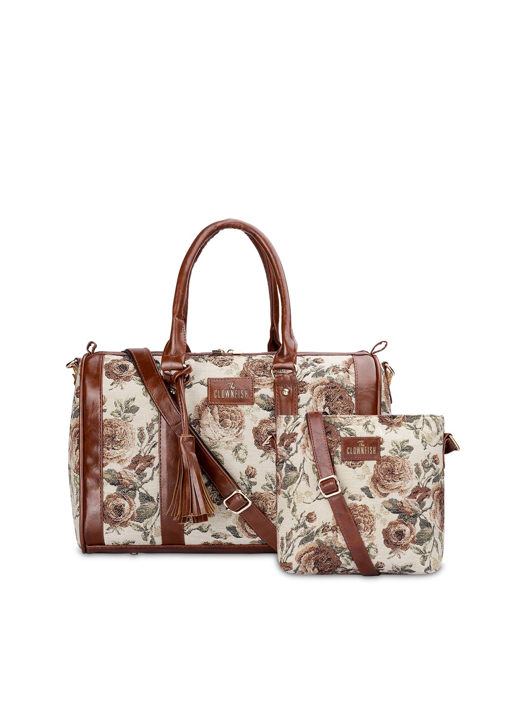 

THE CLOWNFISH Linda & Lorna Pack Of 2 Printed Leather Structured Handheld Bag With Tassel, Brown