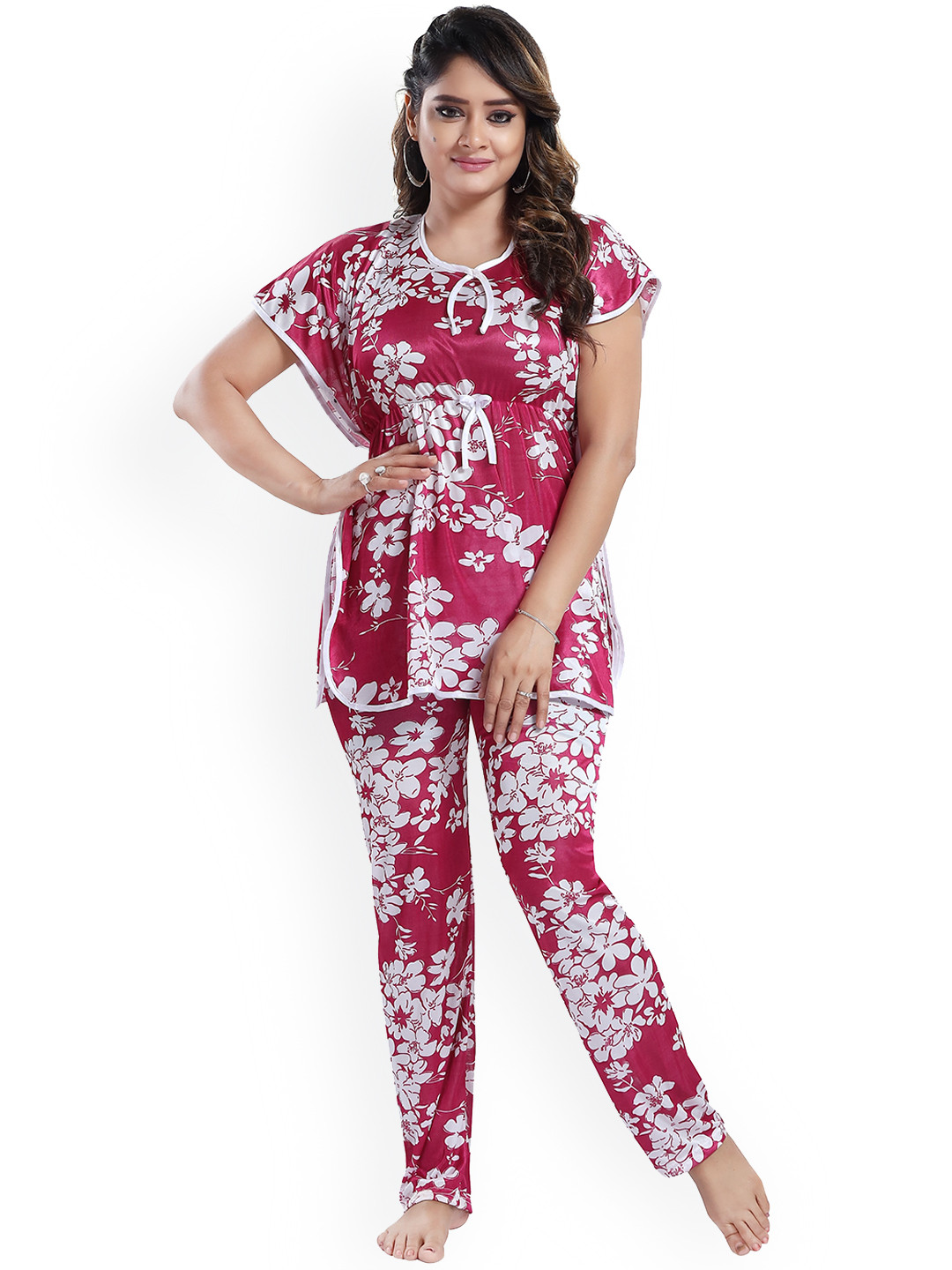 

SHOPPING STATION Floral Printed Satin Night Suit, Magenta
