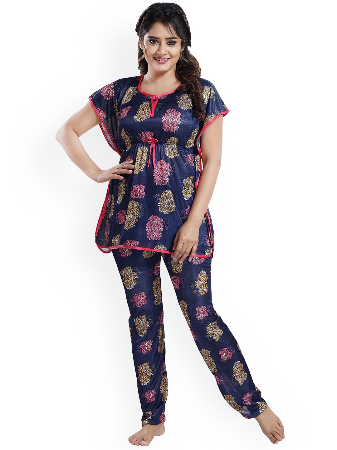 

SHOPPING STATION Animal Printed Satin Night Suit, Navy blue