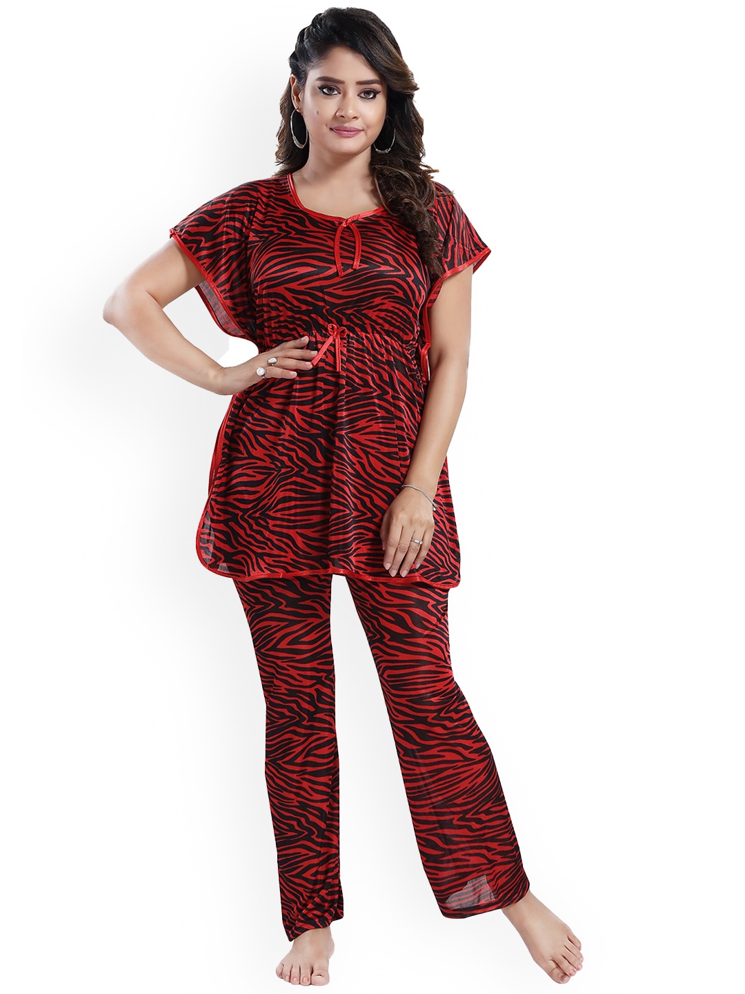 

SHOPPING STATION Abstract Printed Satin Night Suit, Red