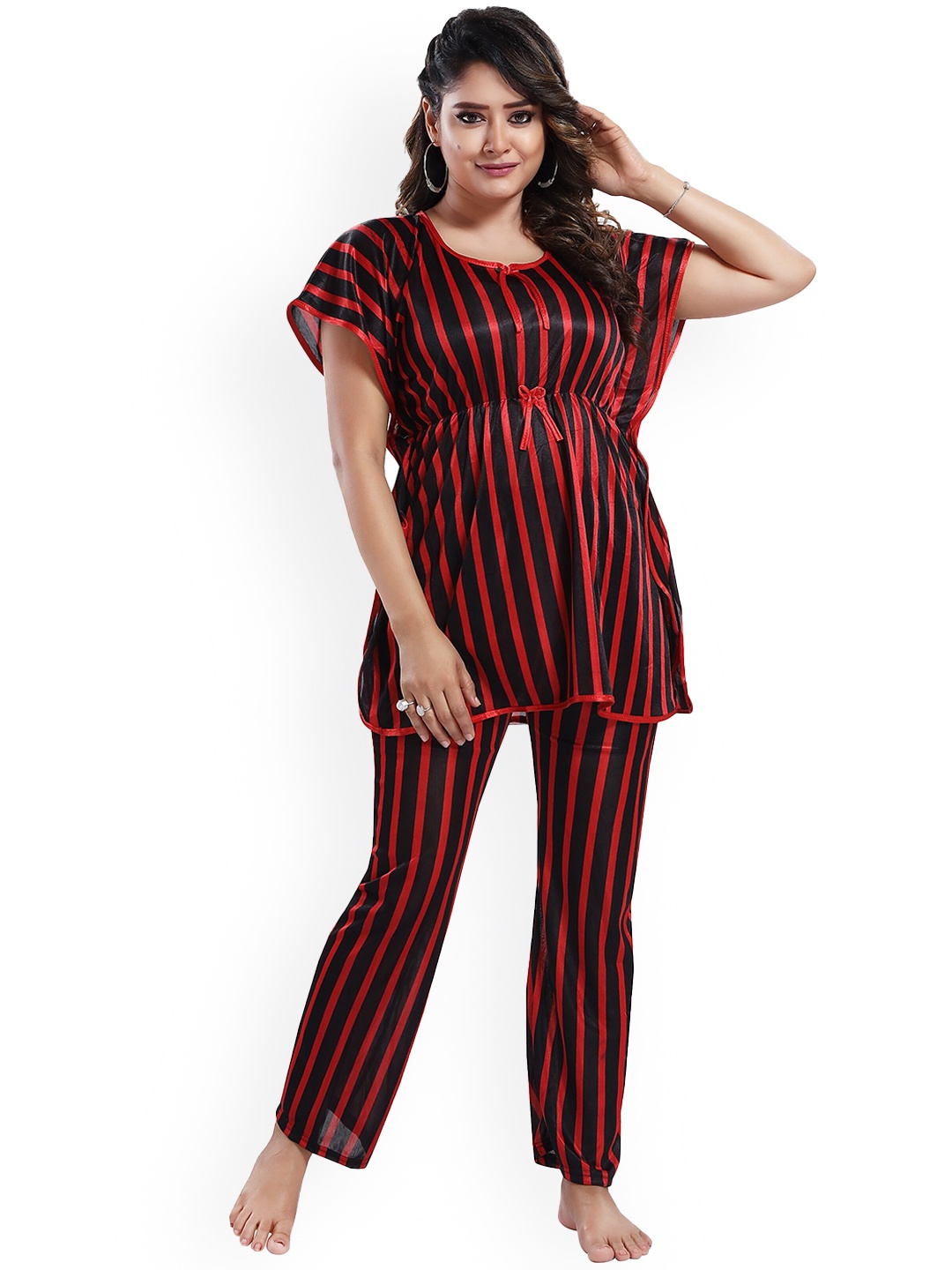 

SHOPPING STATION Striped Satin Night Suit, Red