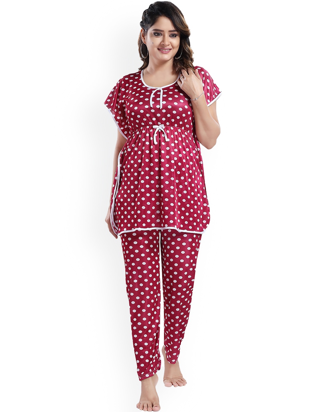 

SHOPPING STATION Polka Dots Printed Satin Night Suit, Maroon