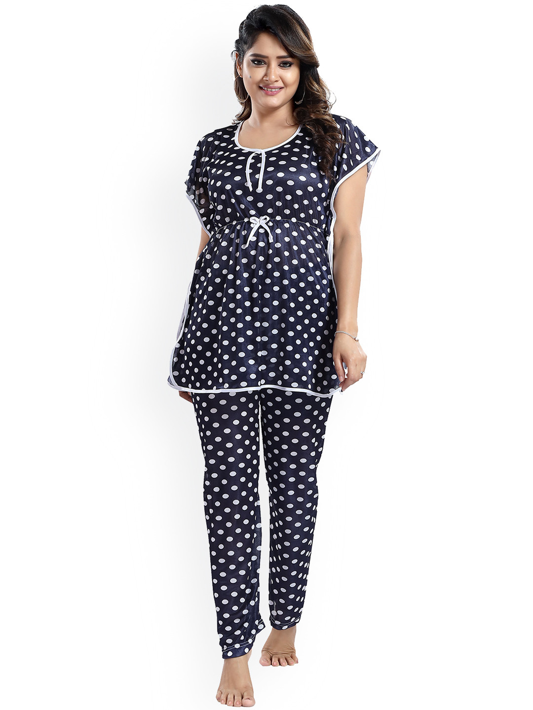 

SHOPPING STATION Polka Dots Printed Satin Night Suit, Navy blue