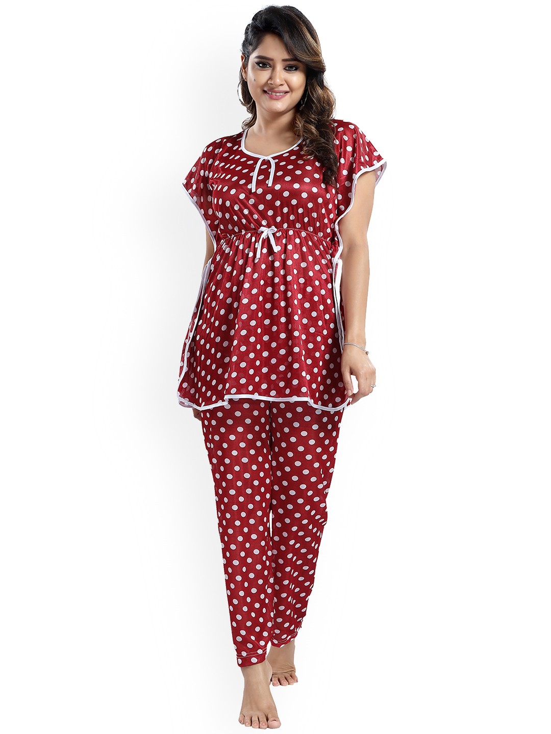 

SHOPPING STATION Polka Dots Printed Satin Night Suit, Red