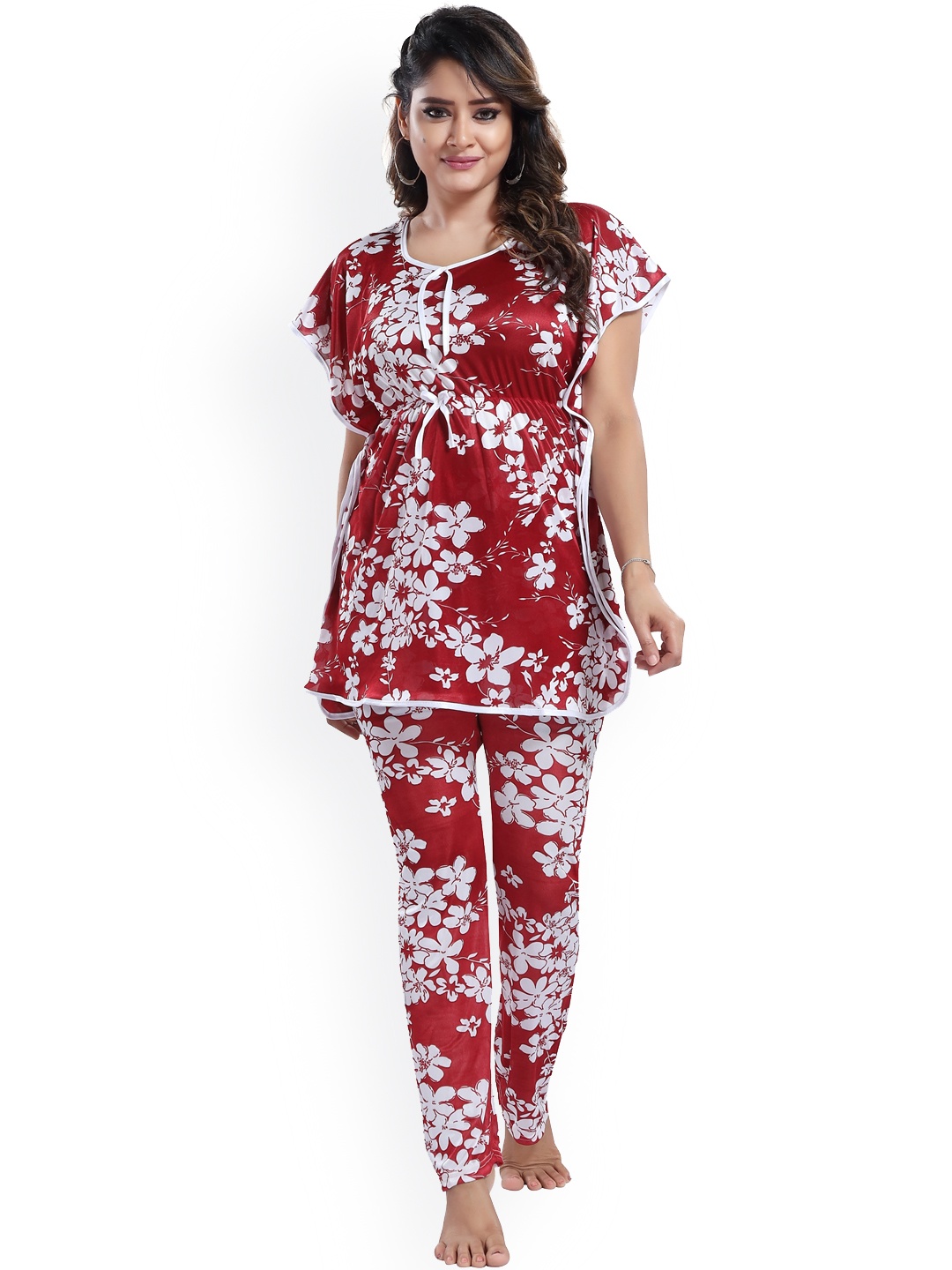 

SHOPPING STATION Floral Printed Satin Night Suit, Red