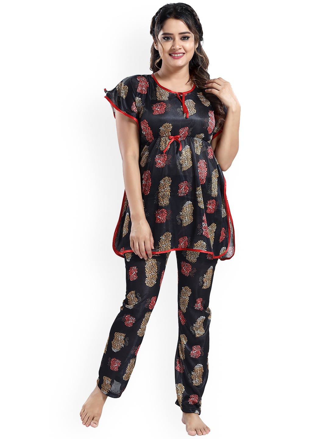

SHOPPING STATION Animal Printed Satin Night Suit, Black