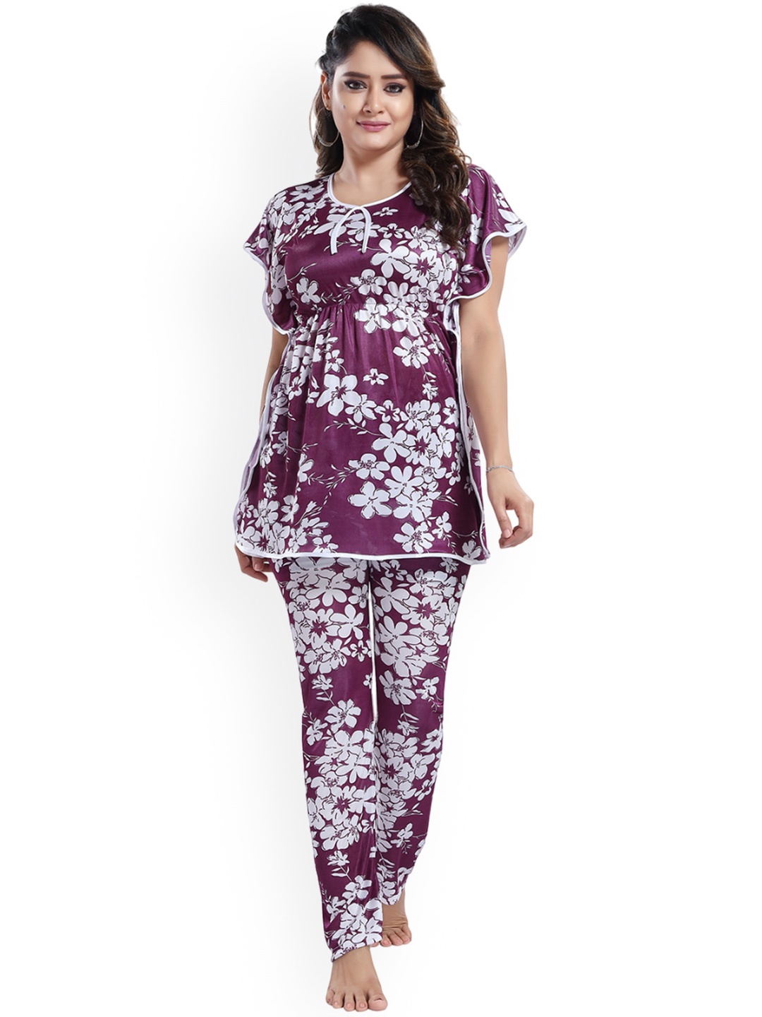 

SHOPPING STATION Floral Printed Satin Night Suit, Purple
