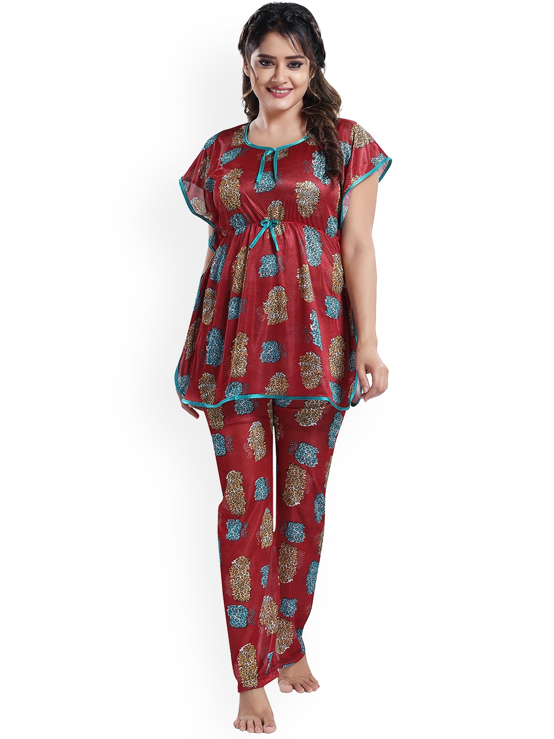 

SHOPPING STATION Animal Printed Satin Night Suit, Maroon