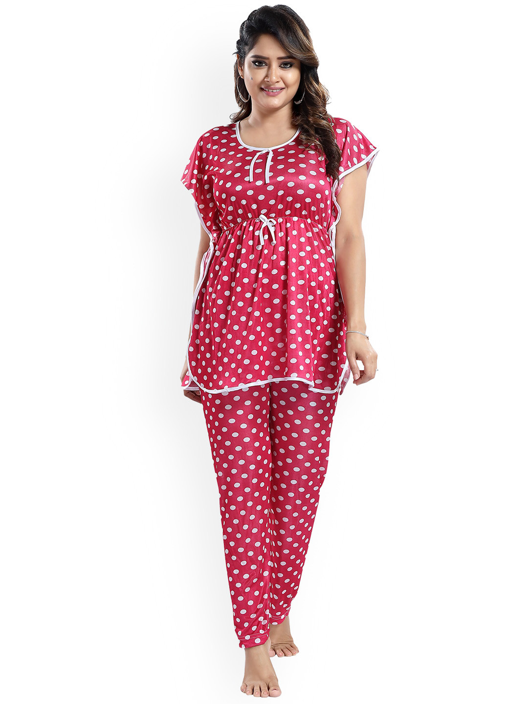 

SHOPPING STATION Polka Dots Printed Satin Night Suit, Pink