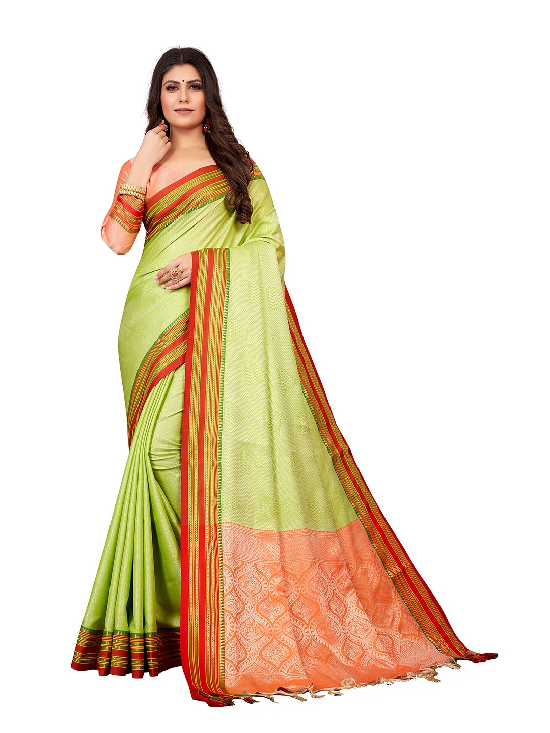 

VENISA Ethnic Motif Poly Silk Zari Saree With Blouse Piece, Green