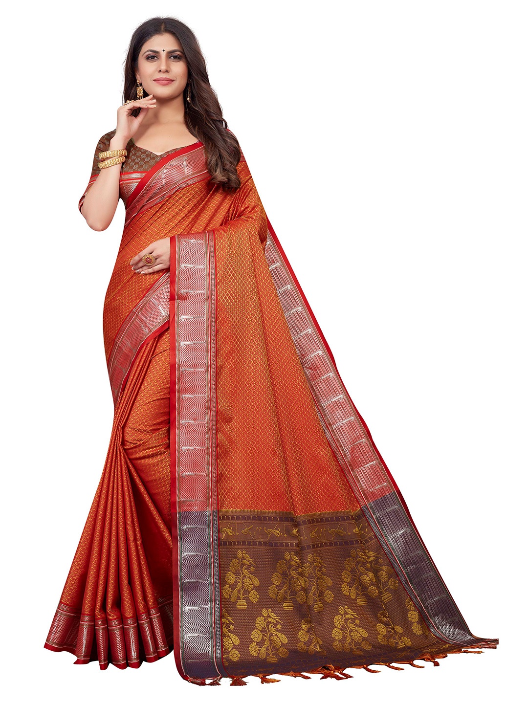 

VENISA Ethnic Motif Woven Design Zari Saree, Orange