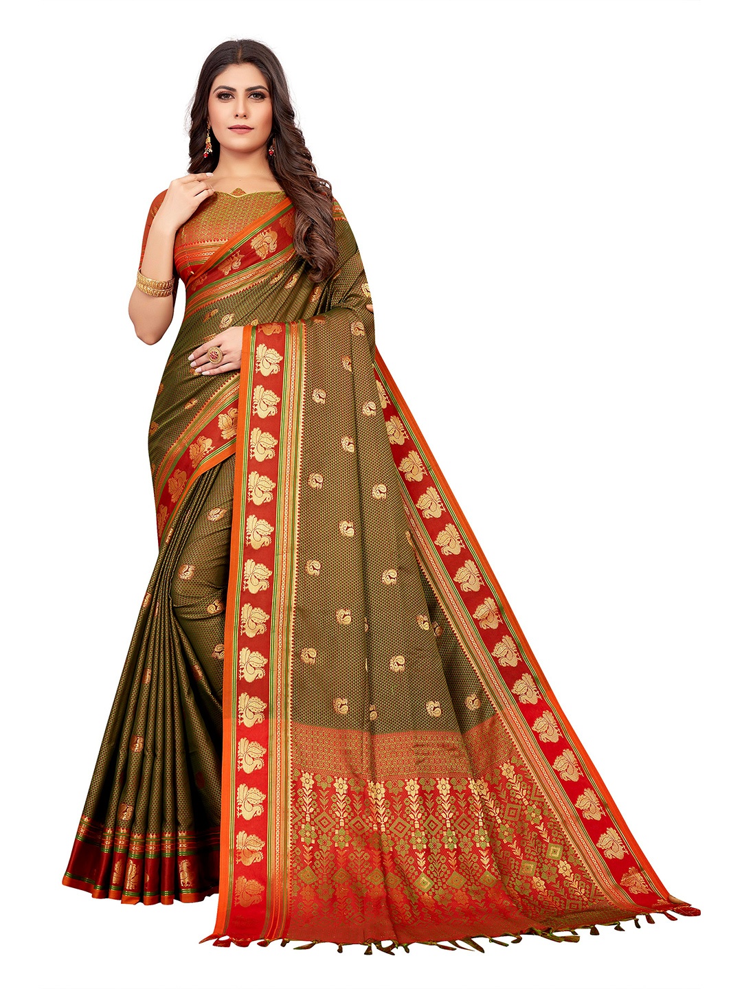 

VENISA Ethnic Motifs Woven Design Saree, Green