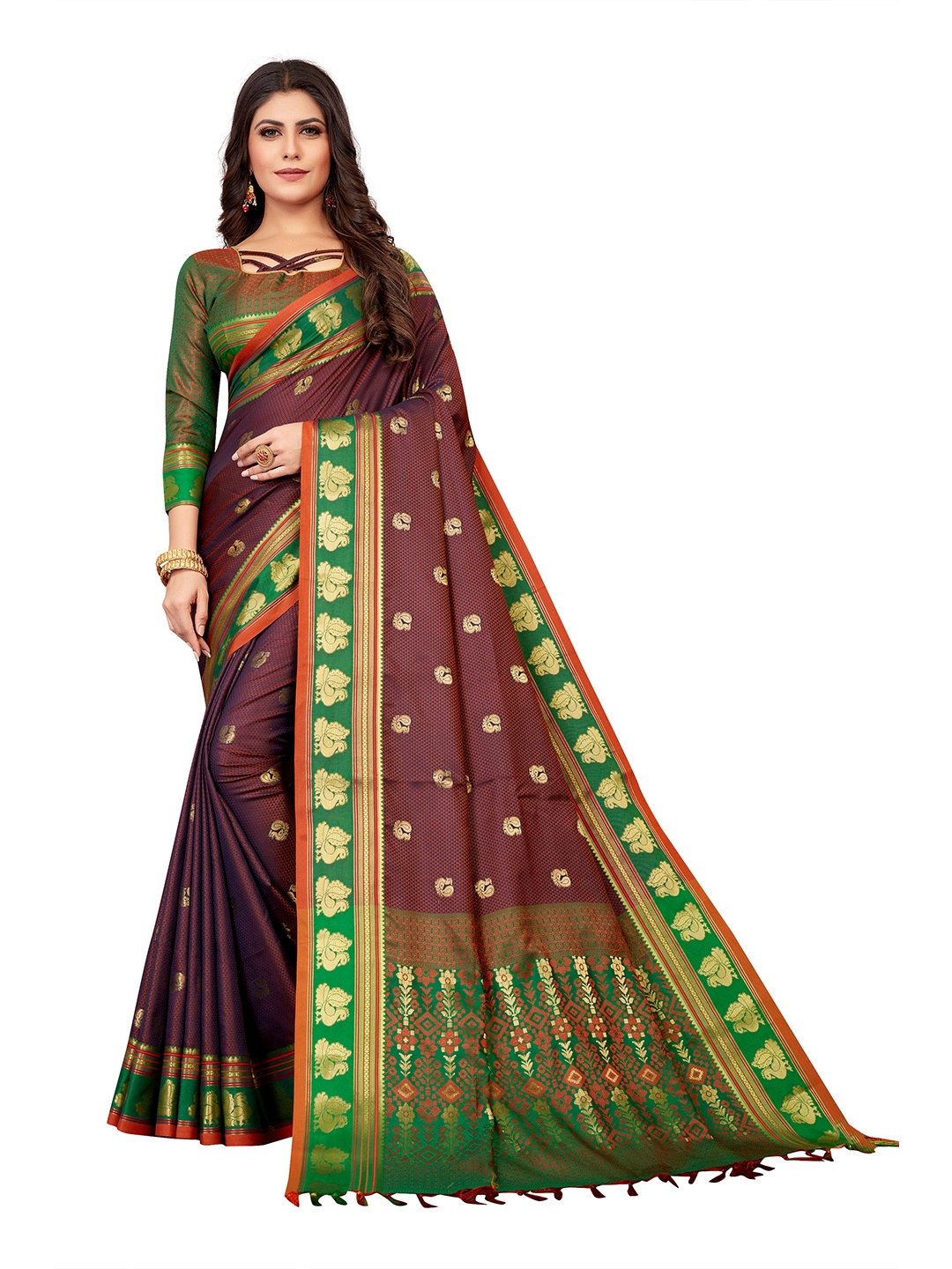 

VENISA Ethnic Motif Poly Silk Zari Saree With Blouse Piece, Burgundy