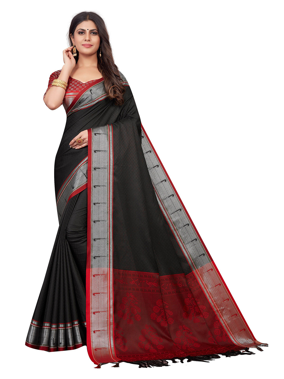 

VENISA Ethnic Motifs Woven Design Saree, Black