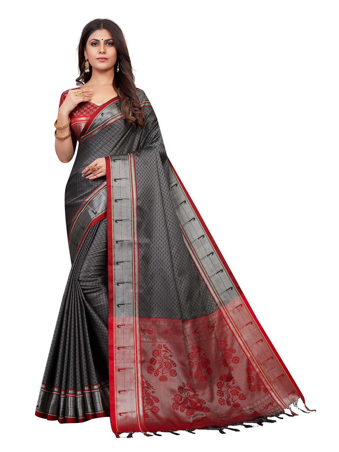 

VENISA Ethnic Woven Design Zari Saree, Grey