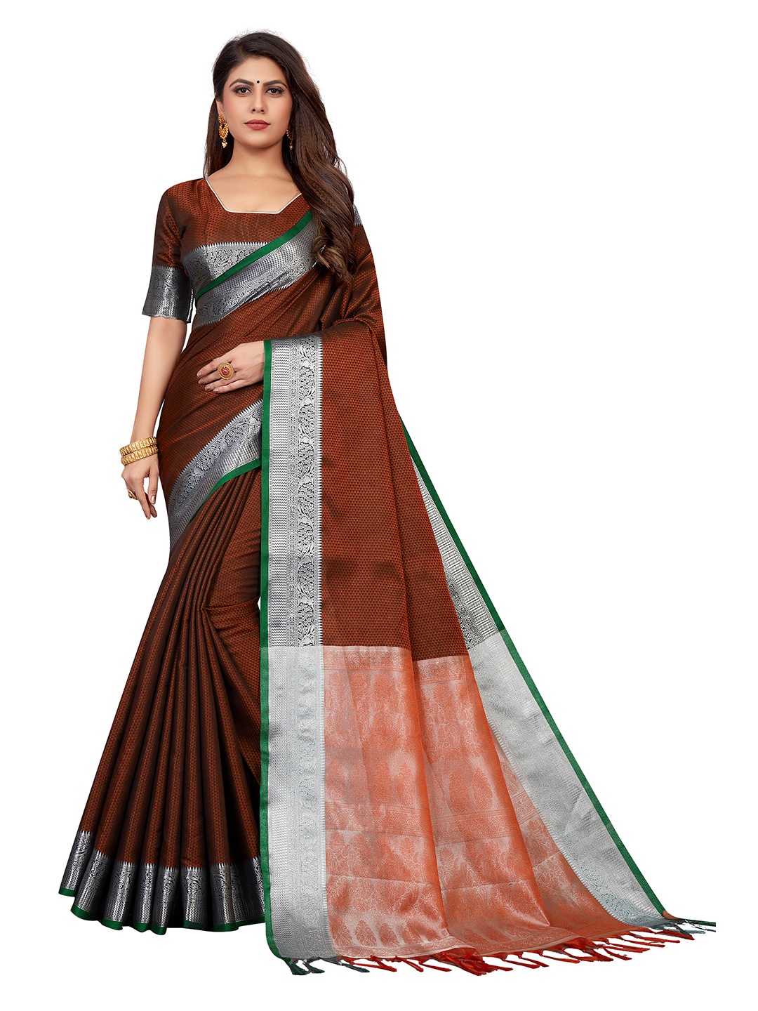 

VENISA Ethnic Motif Poly Silk Zari Saree With Blouse Piece, Brown