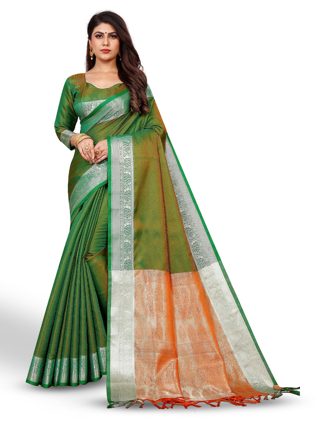 

VENISA Ethnic Motif Woven Design Zari Saree, Green