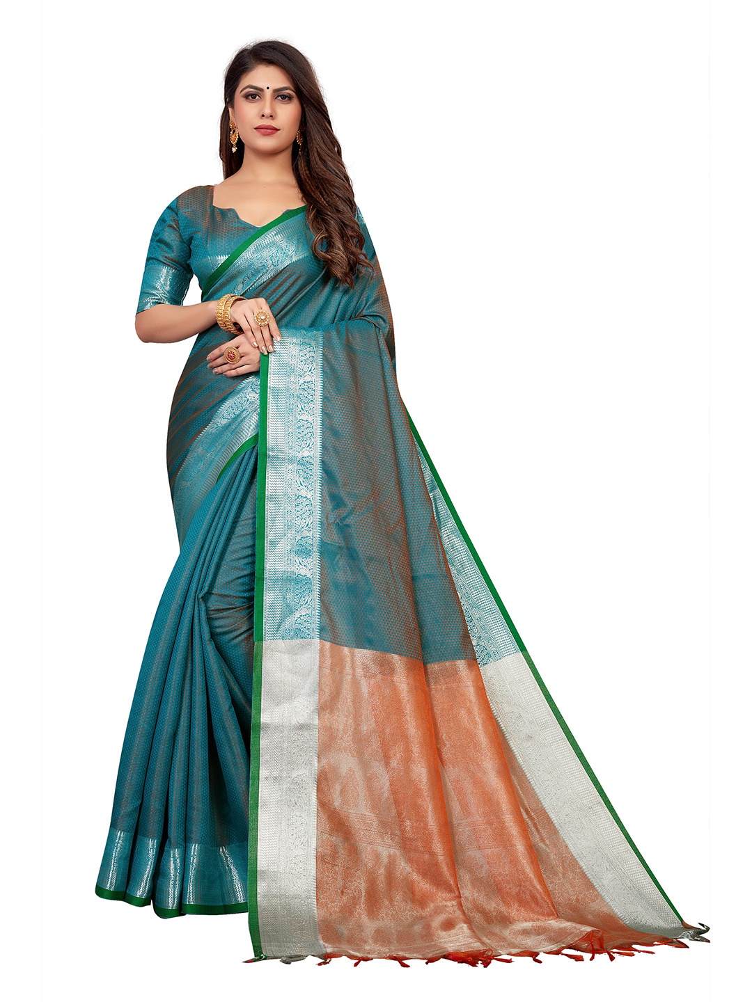 

VENISA Ethnic Motif Woven Design Zari Saree, Turquoise blue