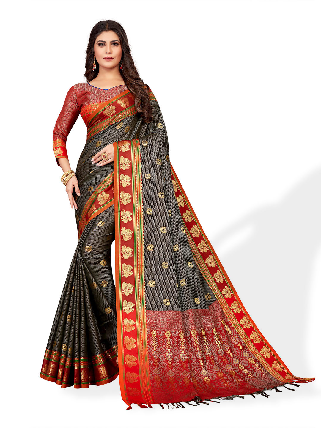 

VENISA Ethnic Woven Design Zari Saree, Grey