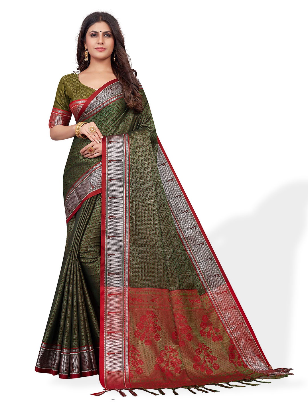 

VENISA Ethnic Motif Poly Silk Zari Saree With Blouse Piece, Green