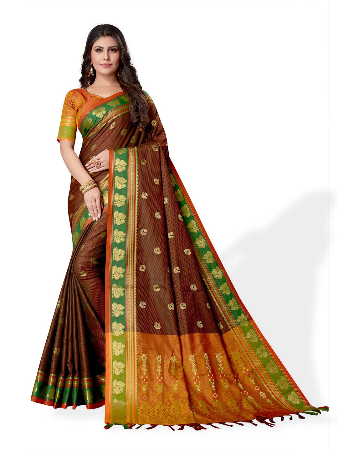 

VENISA Ethnic Motifs Woven Design Zari Saree, Brown