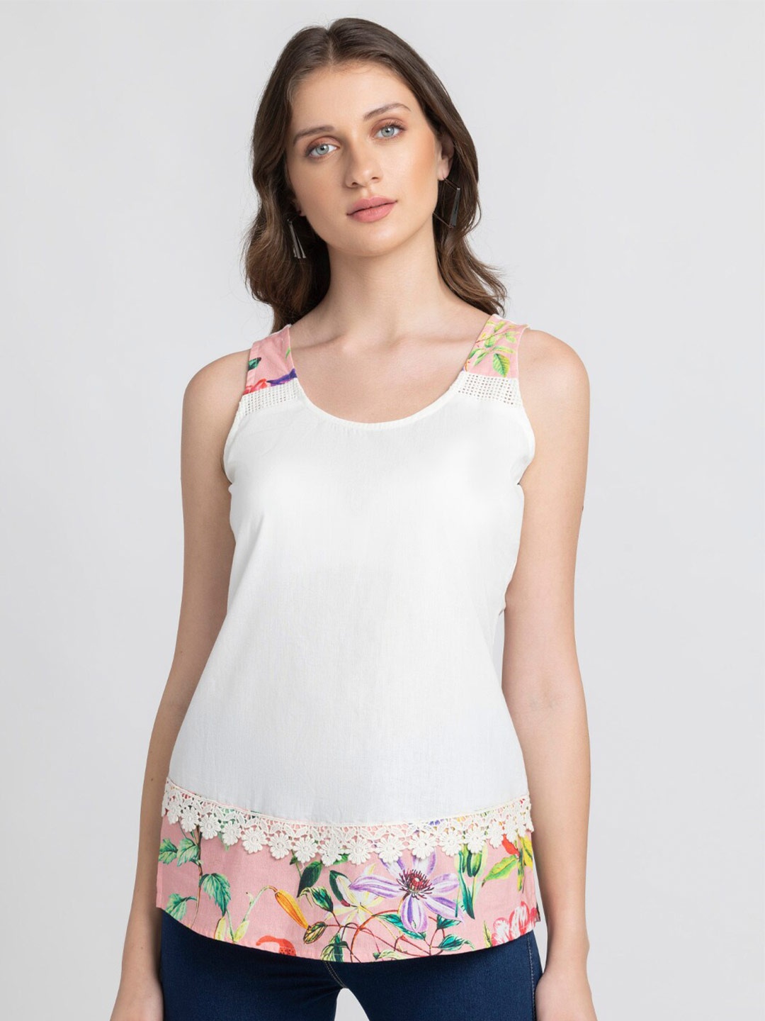 

SHAYE Floral Printed Pure Cotton Top, White