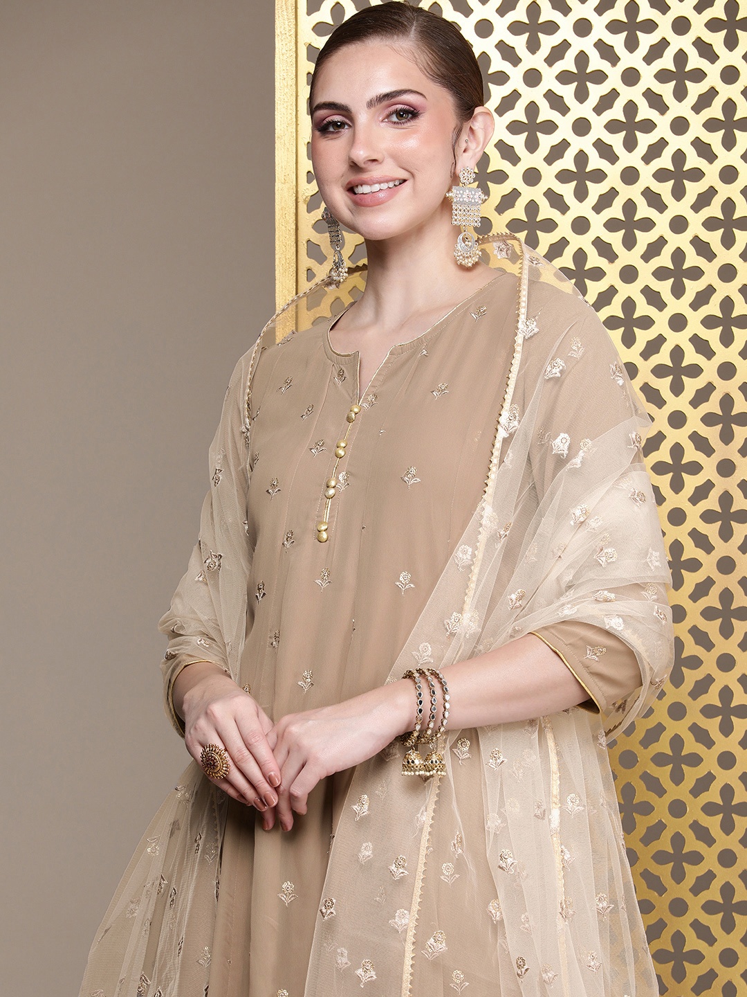 

House of Pataudi Jashn Ethnic Motifs Embroidered Sequinned Kurta with Churidar & Dupatta, Taupe