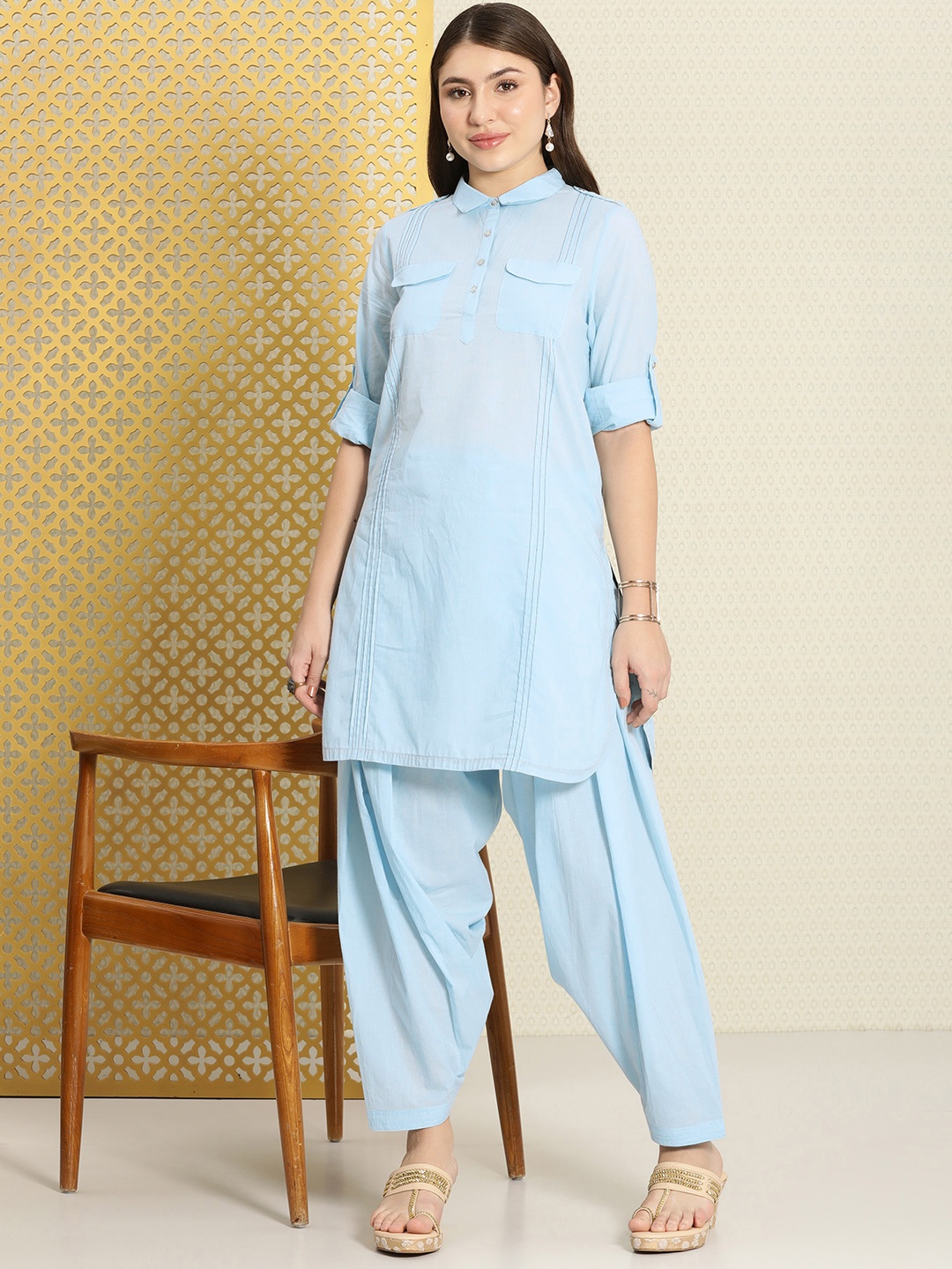 

House of Pataudi Women Pure Cotton Regular Jashn Kurti with Patiala, Blue