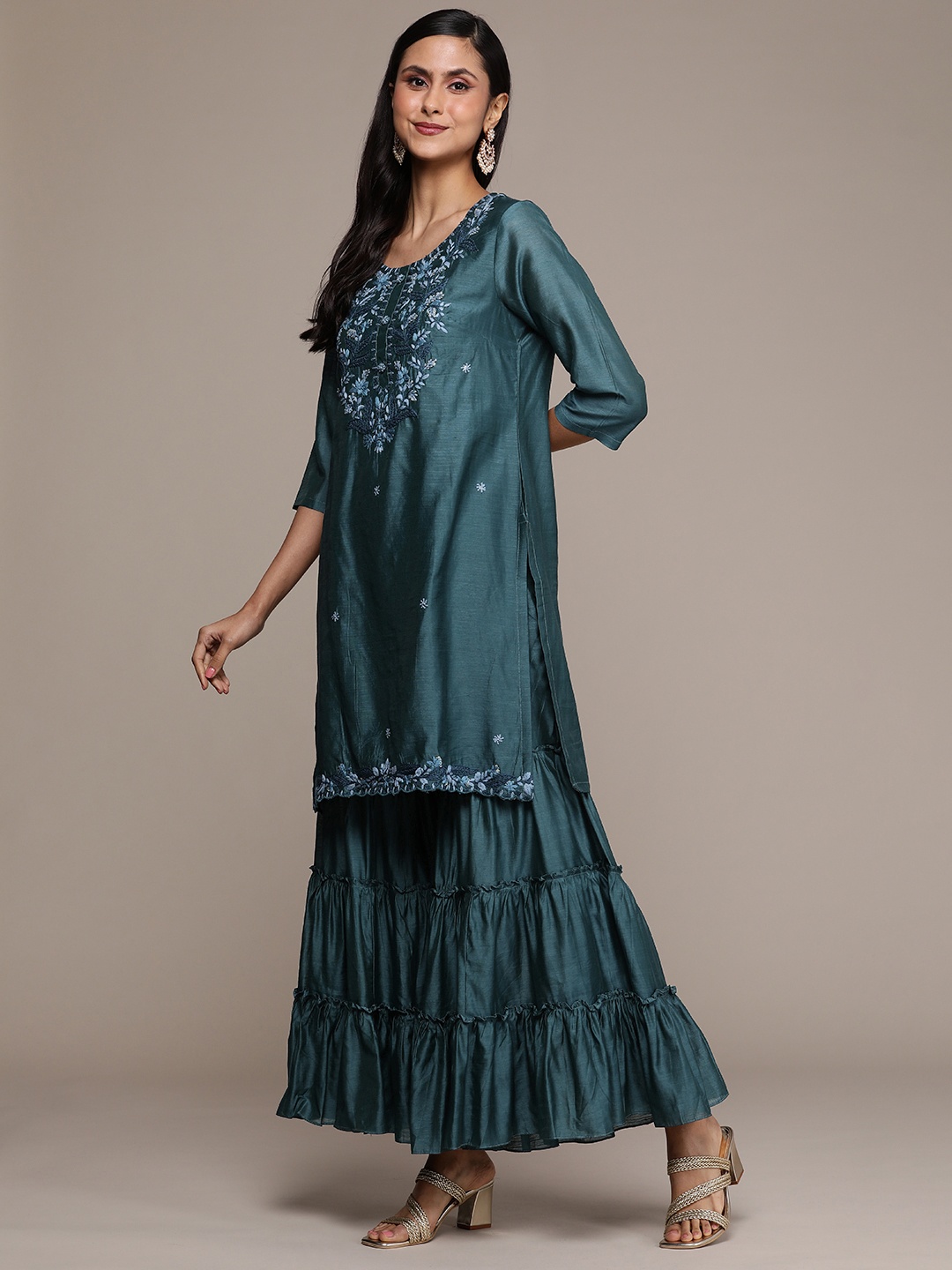 

House of Pataudi Jashn Ethnic Motifs Embroidered Regular Kurta with Sharara & With Dupatta, Teal