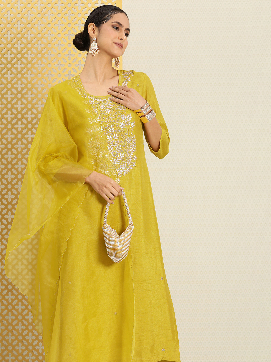 

House of Pataudi Women Embroidered Beads & Stones Jashn Kurta With Trousers & Dupatta, Mustard
