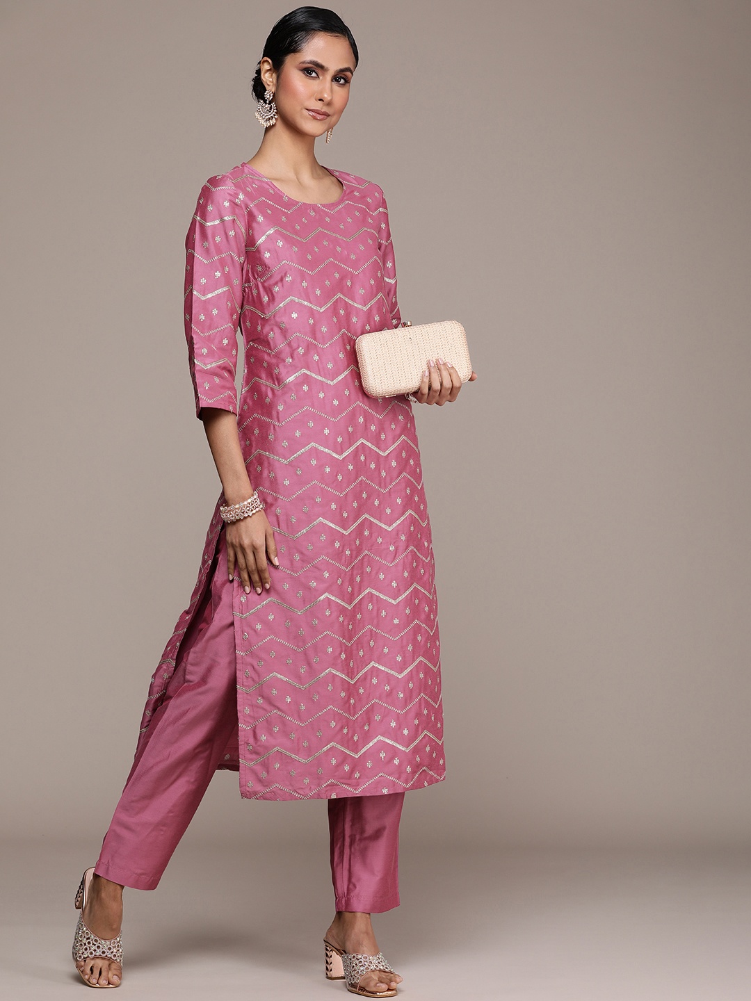 

House of Pataudi Women Jashn Zari Work Kurta & Trousers, Pink