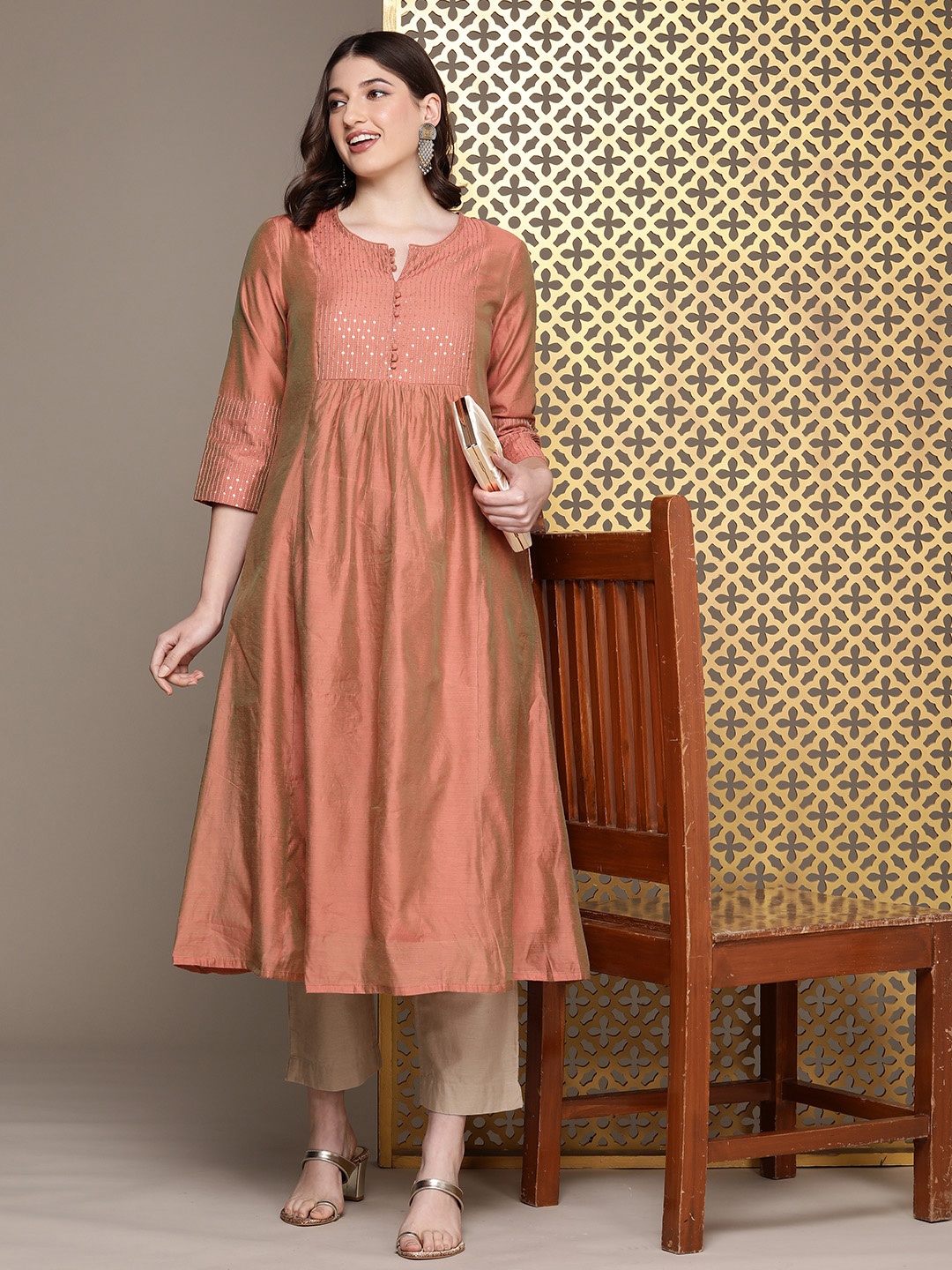 

House of Pataudi Embroidered Sequinned Jashn A-Line Kurta, Rust