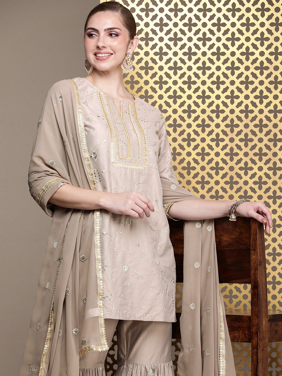 

House of Pataudi Ethnic Motifs Embroidered Sequinned Jashn Kurta with Sharara & Dupatta, Taupe