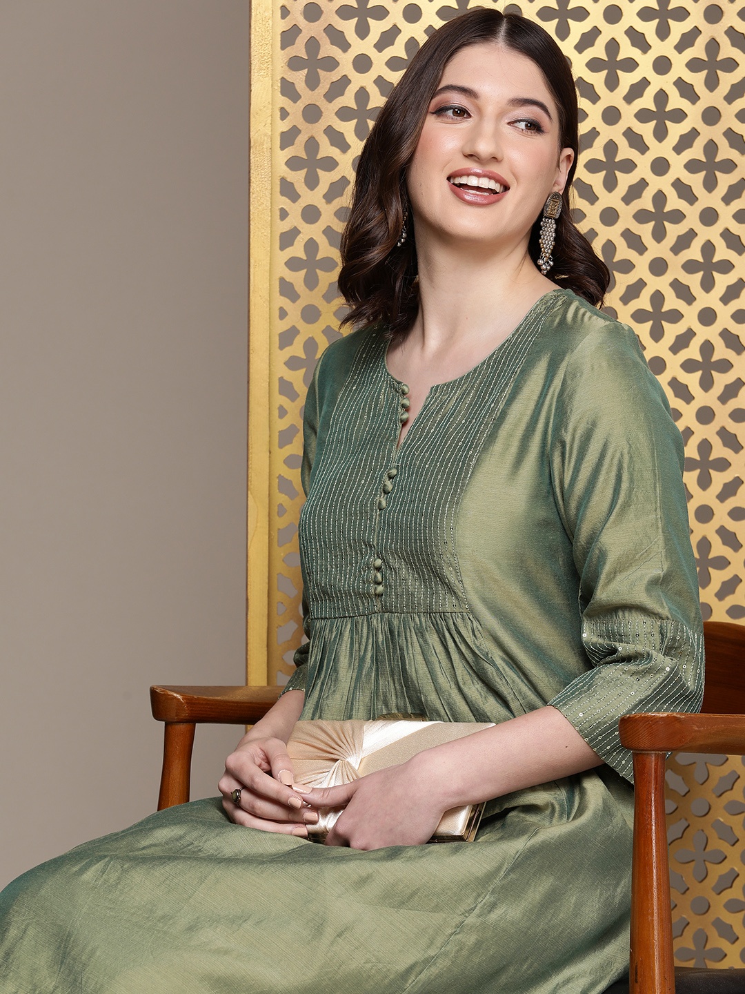 

House of Pataudi Embroidered Sequinned Jashn A-Line Kurta, Olive