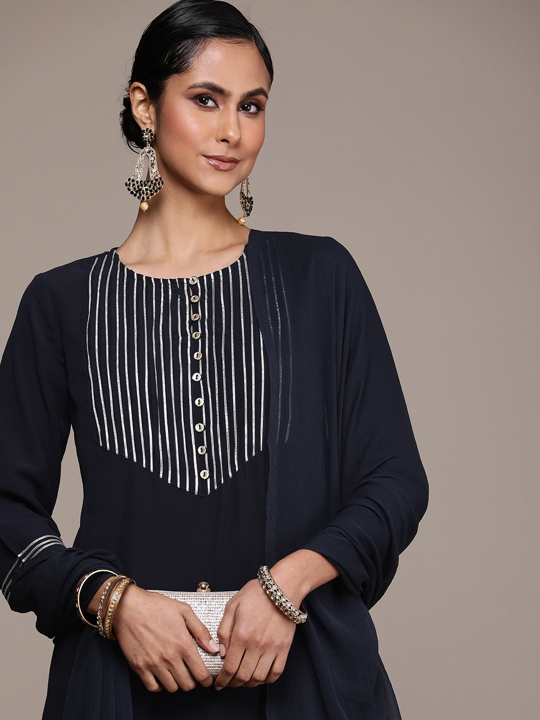 

House of Pataudi Women Jashn Yoke Design Kurta & Palazzos With Dupatta, Navy blue