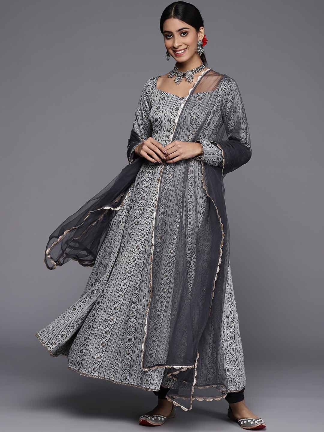 

Inddus Ethnic Motifs Woven Design Kurta with Churidar & Dupatta, Grey