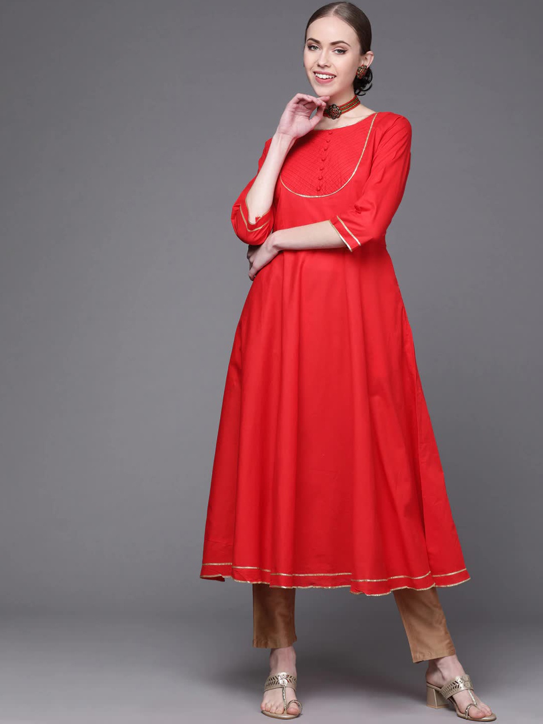 

Inddus Women Gotta Patti Cotton Anarkali Kurta, Red