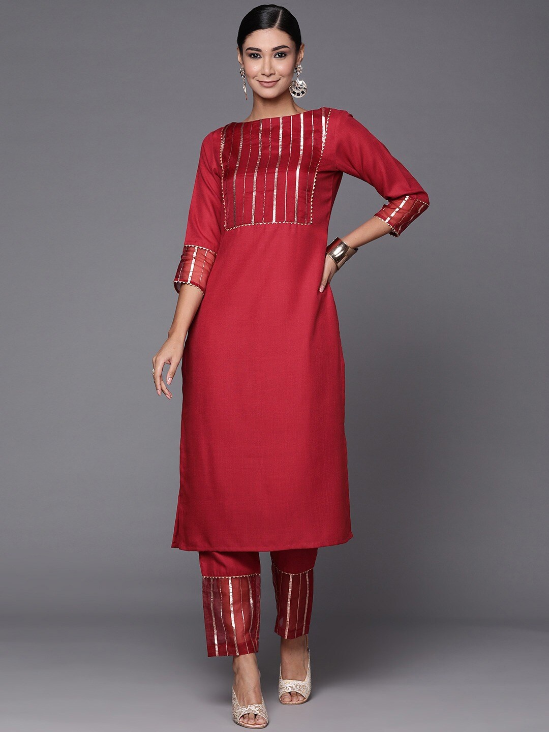 

Inddus Maroon Yoke Design Gotta Patti Kurta with Trousers