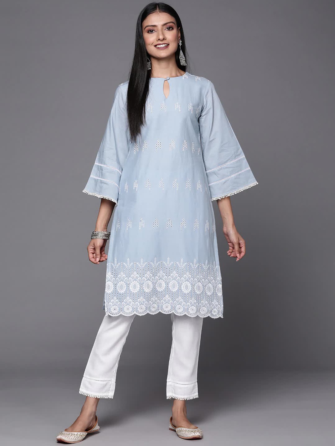 

Inddus Light Blue & White Ethnic Motifs Embroidered Thread Work Kurta with Trousers