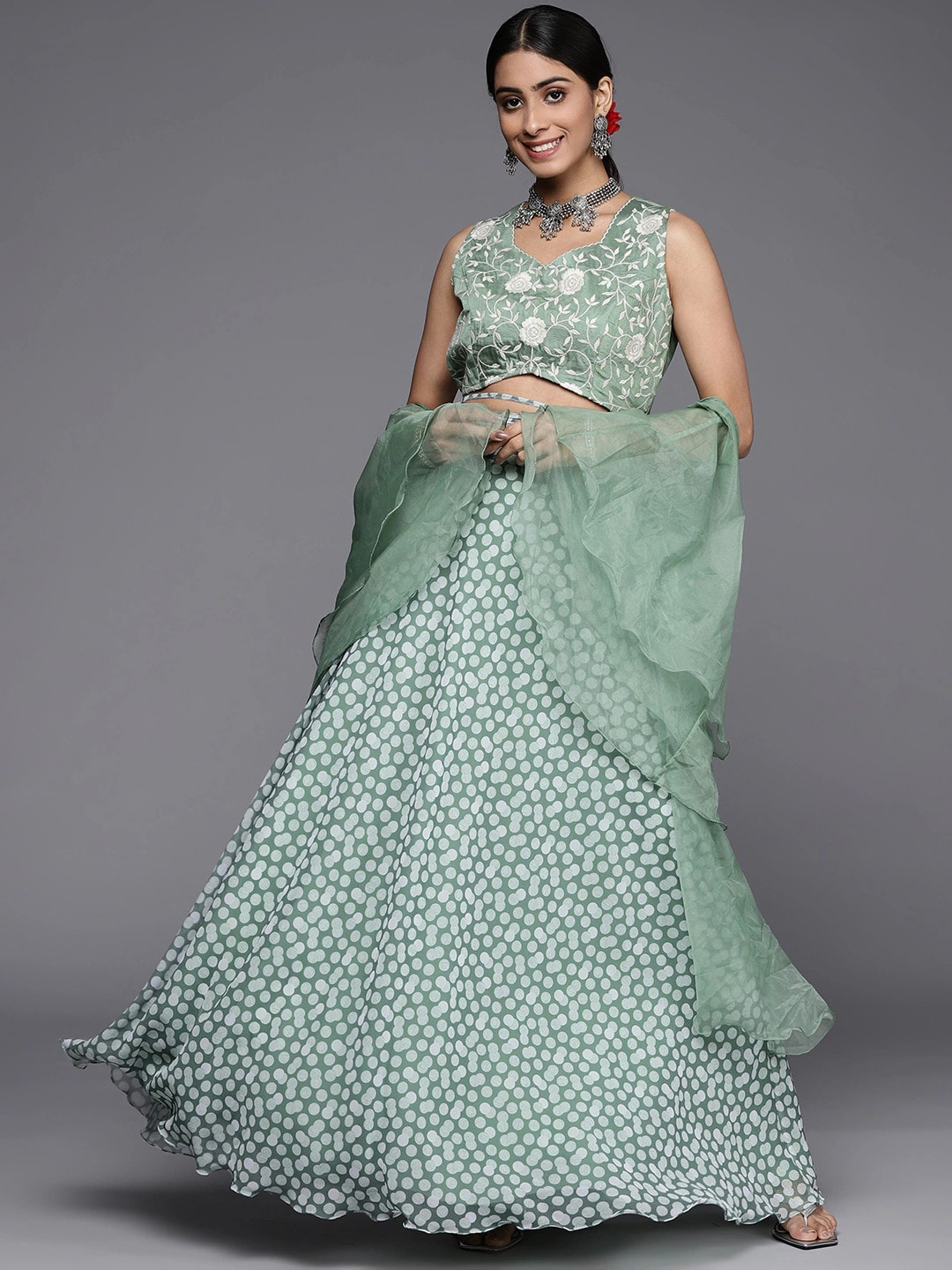 

Inddus Embroidered Ready to Wear Lehenga & Blouse With Dupatta, Sea green