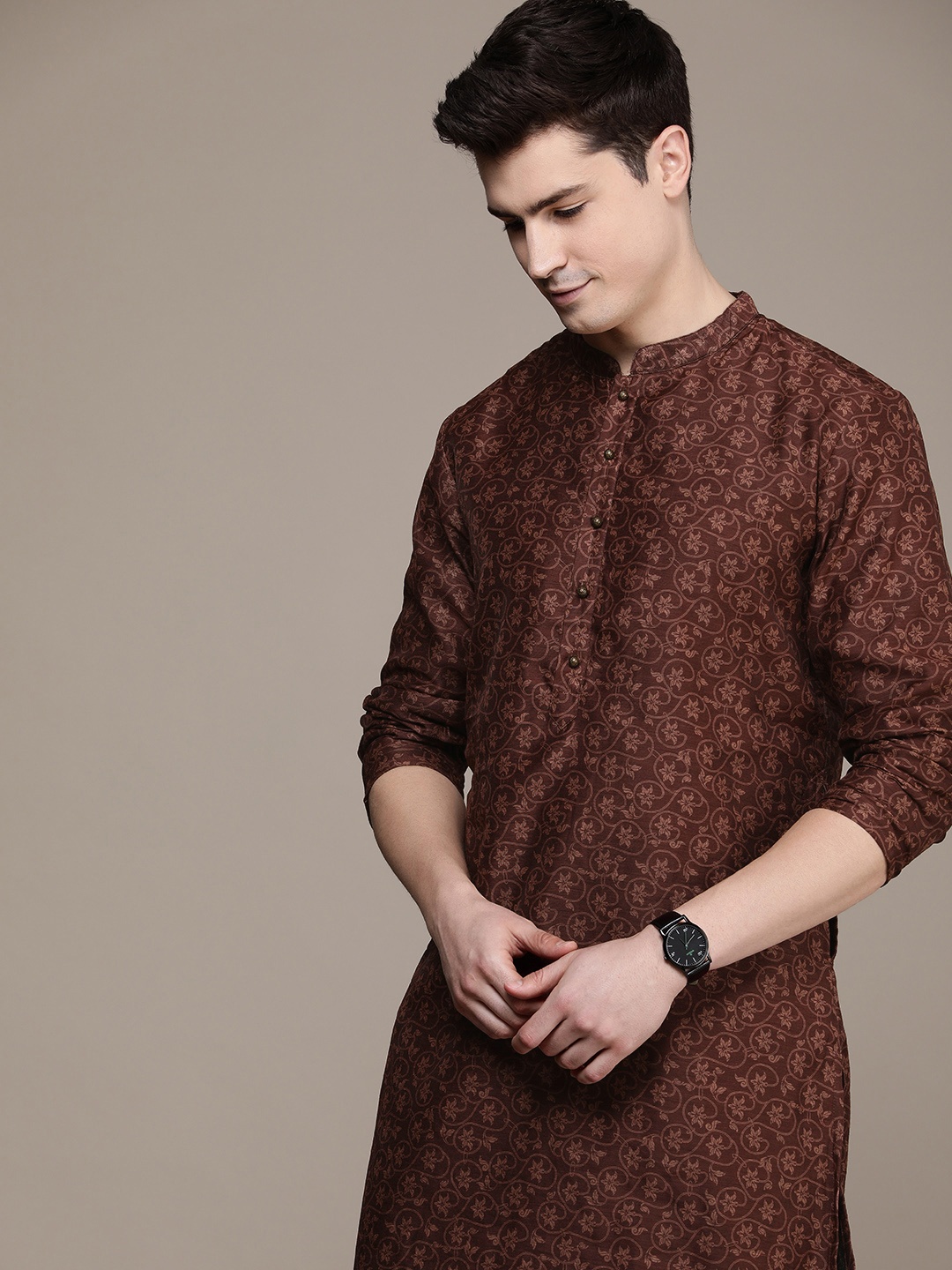 

House of Pataudi Ethnic Motifs Printed Jashn Kurta, Brown