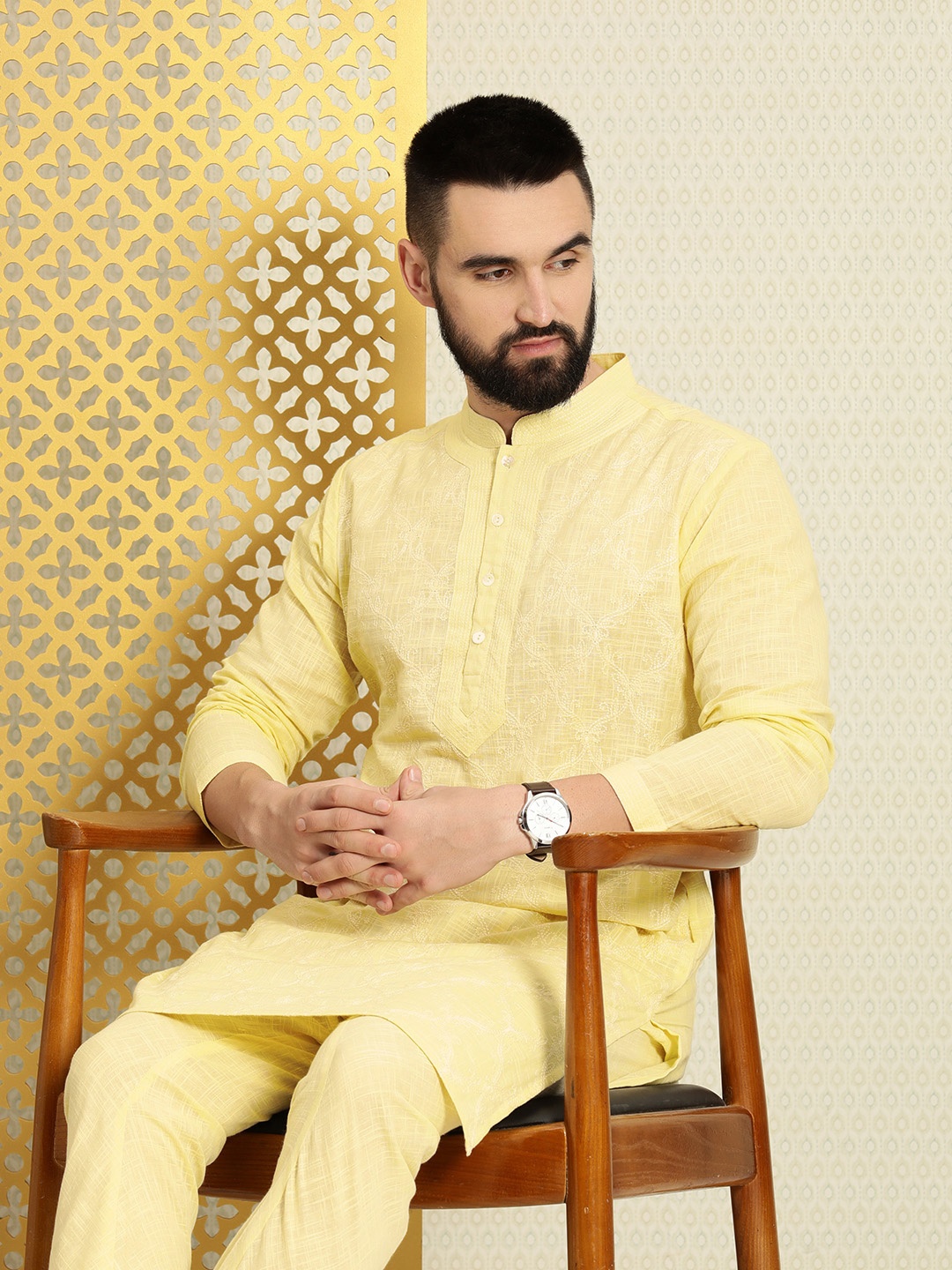 

House of Pataudi Men Ethnic Motifs Thread Work Pure Cotton Jashn Kurta With Churidar, Yellow