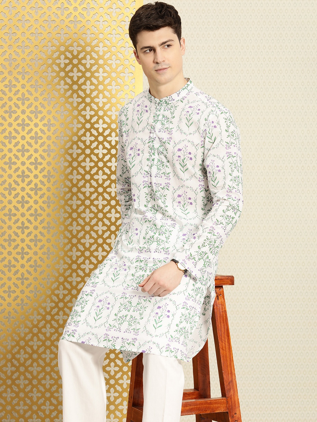 

House of Pataudi Jashn Floral Printed Pure Cotton Kurta, White
