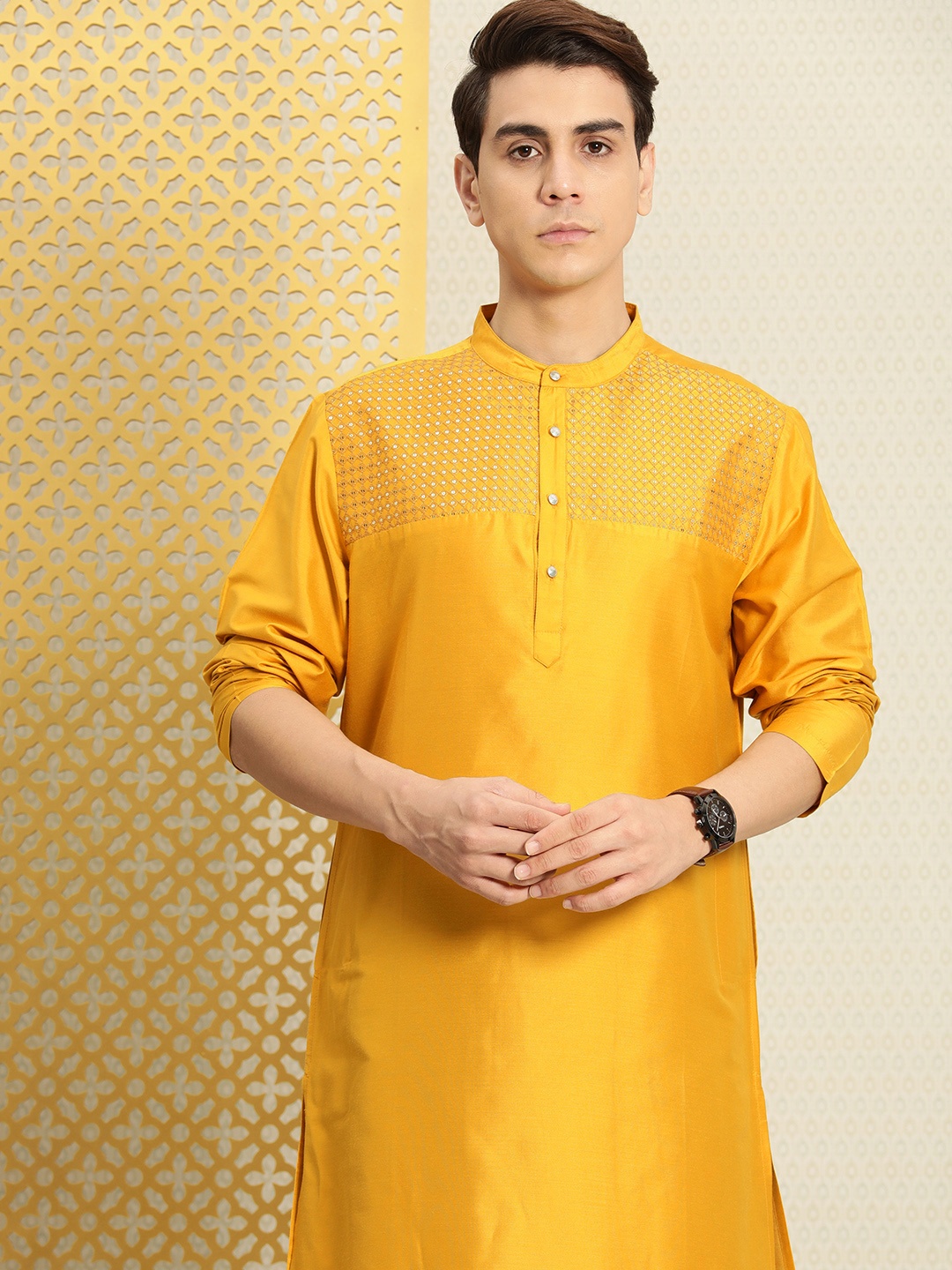 

House of Pataudi Ethnic Motifs Embroidered Sequinned Jashn Kurta, Mustard