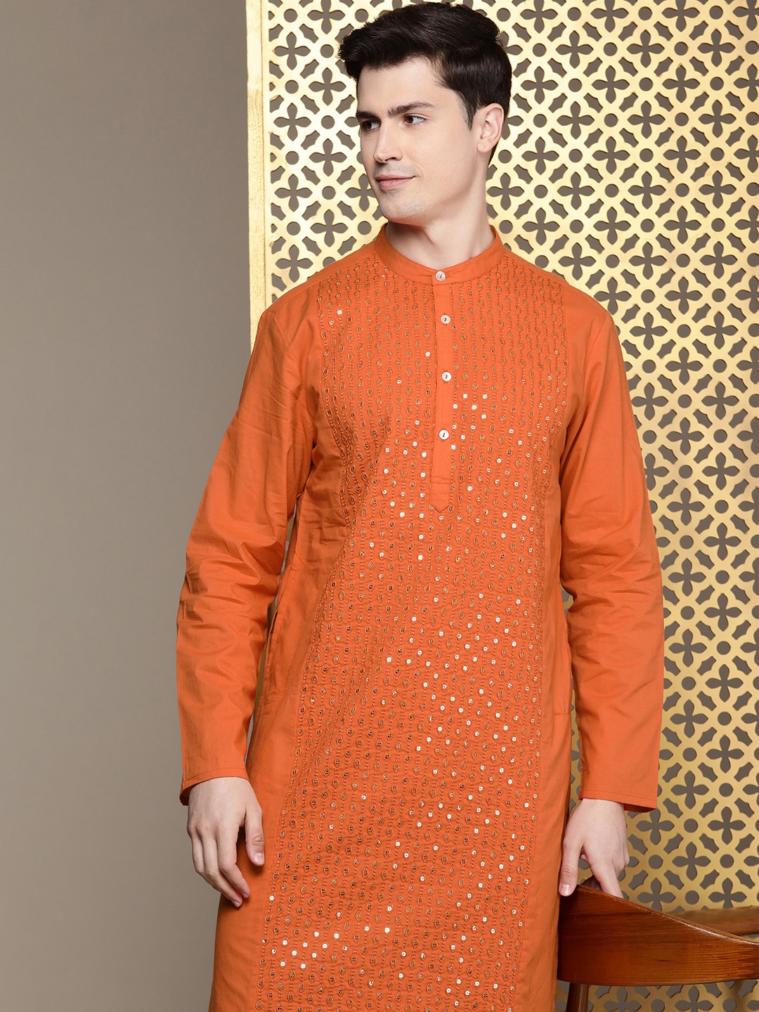 

House of Pataudi Pure Cotton Embroidered Sequined Jashn Kurta, Rust