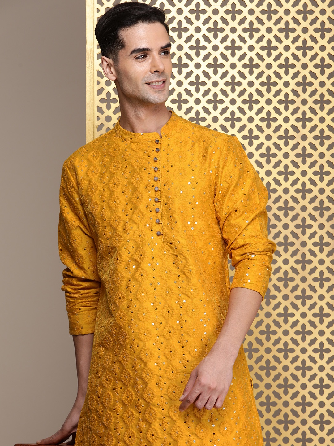 

House of Pataudi Ethnic Motifs Embroidered Regular Sequinned Jashn Kurta with Churidar, Mustard