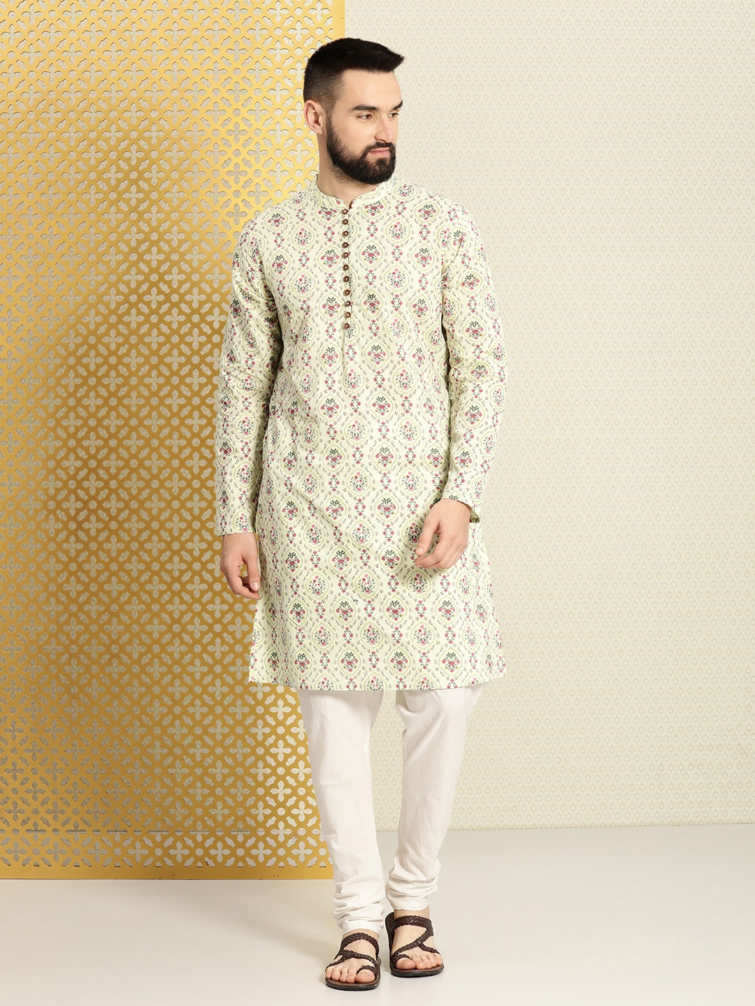 

House of Pataudi Pure Cotton Ethnic Motifs Printed Jashn Kurta, Lime green